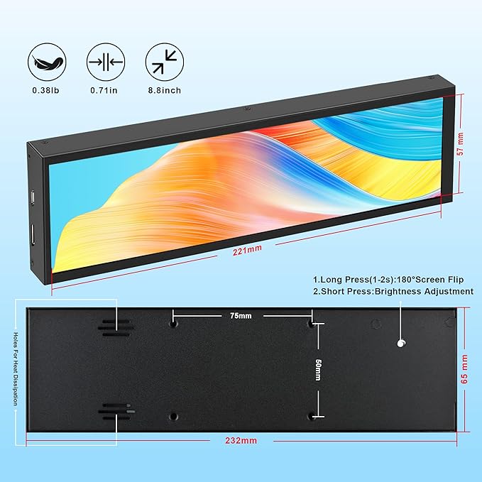 8.8 Inch FHD Computer Secondary Screen IPS 1920x480 LCD Display CPU Temperature Monitor with Casing for Computer Case Temperature Windows Aida64 CPU GPU Monitor