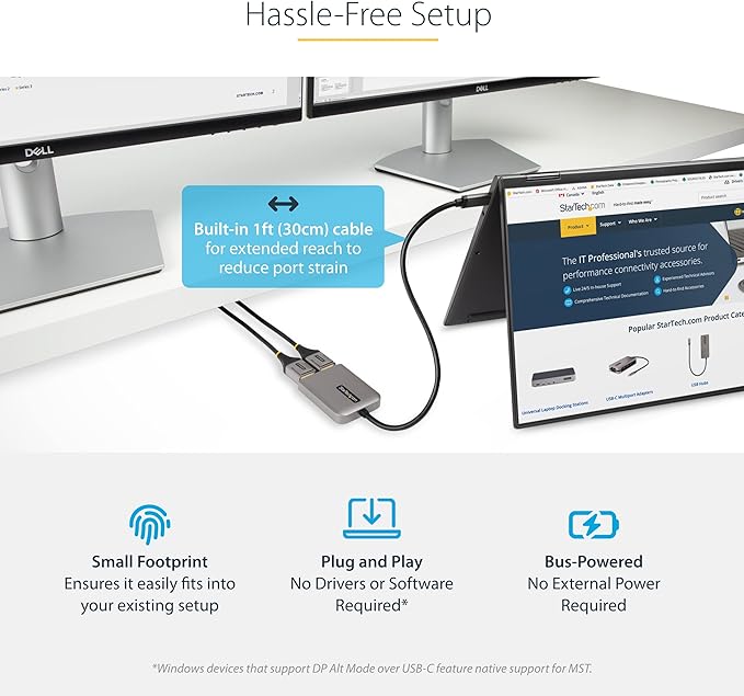 StarTech.com USB-C to Dual Displayport 1.4 Adapter USB Type-C Muliti-Monitor MST Hub Dual 5K 60Hz DP Laptop Display Extender / Splitter HDR Extra-Long Built-In Cable Windows Only (MST14CD122DP)