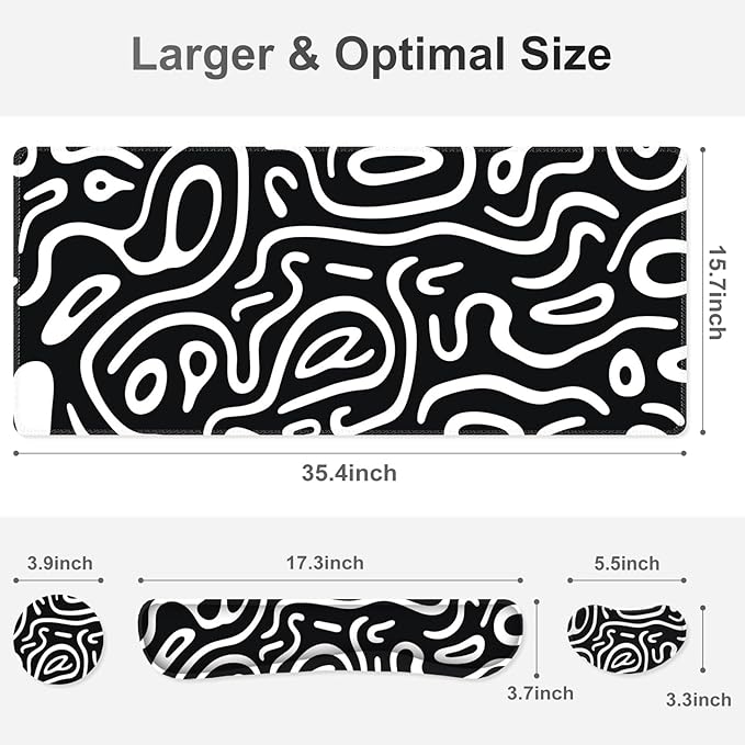 Large Gaming Mouse Pad Set 4 in 1 Extended Keyboard Desk Mat with Wrist Rest Computer Game Mousepad Non-Slip Desk Pad Easy Typing Pain Relief for Home Office I Black White Topographic