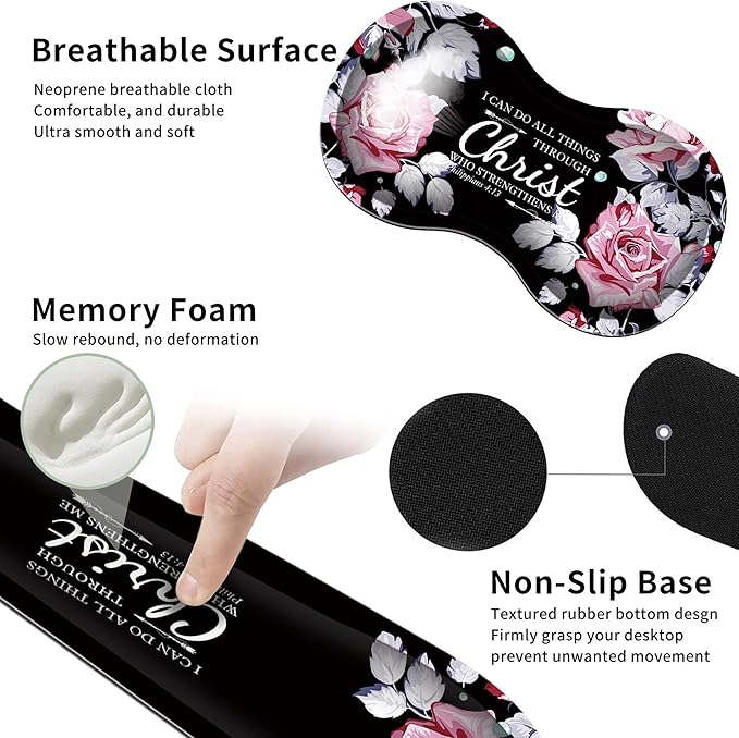 Mouse Pad with Wrist Rest+Keyboard Wrist Rest+Coaster All in One Mouse Pad Set of 4 for Easy Typing Pain Relief RYUITHDJP Memory Foam Wrist Support for Office Home Inspirational Quote Christian