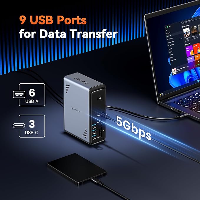 TobenONE 18 in 1 Laptop Docking Station 3 Monitors Triple 4K Display with 3 HDMI 9 USB Ports Gigabit Ethernet PD3.0 for Windows/Dell/Lenovo/HP/Thinkpad Laptops (No Power Adapter)