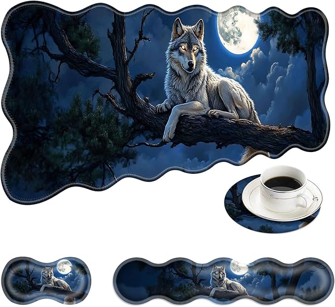 Large Mouse Pad and Keyboard Wrist Rest Desk Pad for Keyboard and Mouse 4-in-1 Large Gaming Mouse Pad with Wrist Support Desk Mat for Home Office Study Game-Wolf in The Moonlight