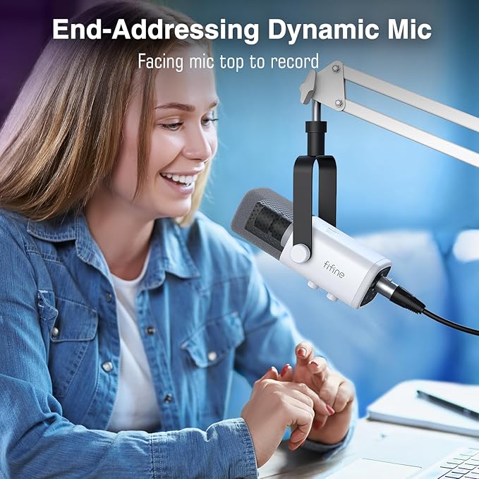 FIFINE Gaming XLR/USB Microphone Kit Streaming Dynamic Mic Set for PC Computer Mic for Vocal Podcast Recording Voiceover with Headphones Jack Gain Knob Arm Stand-AmpliGame AM8T White