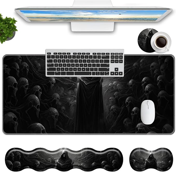 Keyboard Mouse Pad SetLarge Mouse Pad+Keyboard Wrist Rest+Wrist Support+Coaster31.5x11.8in Extended Desk Mat for Computer Laptop Office Home-Spectre