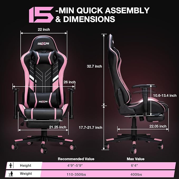 Douxlife 7-Point Massage Gaming Chair with Footrest 400lbs Heavy Duty Ergonomic Computer Chair 175° Reclining High Back Racing Seat for Adults with Adjustable Armrests &amp Lumbar Support Black Pi