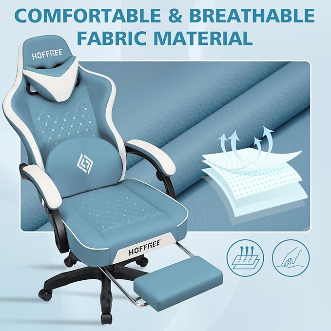 HOFFREE Gaming Chair Computer Chair with Pocket Spring Cushion Massage Game Chair with Footrest Ergonomic High Back Computer Gaming Chairs for Adults Adjustable Swivel Gamer Chair Stone Blue and White