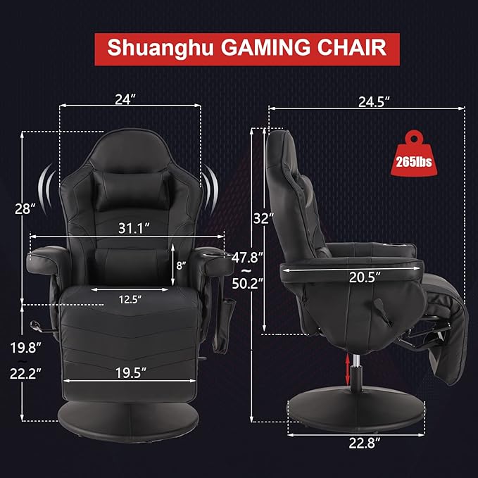 Gaming Chairs for Adults Reclining Gaming Chair with Footrest Massage Video Gaming Recliner Chair w/Adjustable Height Swivel Game Chair with Lumbar Support Side Pouch