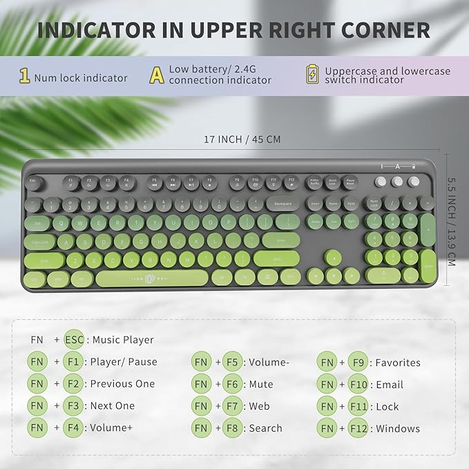 Wireless Keyboard and Mouse Combo 2.4 GHz Wireless Full-Sized Typewriter Keyboard with Round Keycaps for Windows Computer Desktop PC Laptop (GreyGreen)