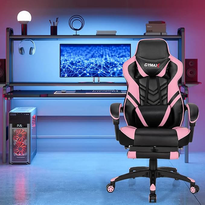 GYMAX Gaming Chair Ergonomic Computer Chair with Footrest Linkage Armrests &amp Lumbar Cushion Big Wide High Back Video Gaming Chair Reclining Office Rolling Chair for Adult/Teens (Pink)