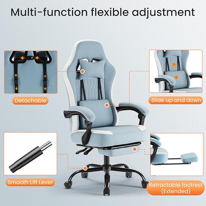 Sweetcrispy Video Game Chair - High Back Ergonomic Computer Desk Chair with Footrest &amp Lumbar Support Height Adjustable Task Chair with Linkage Armrests and Headrest 360° Swivel Wheels Blue