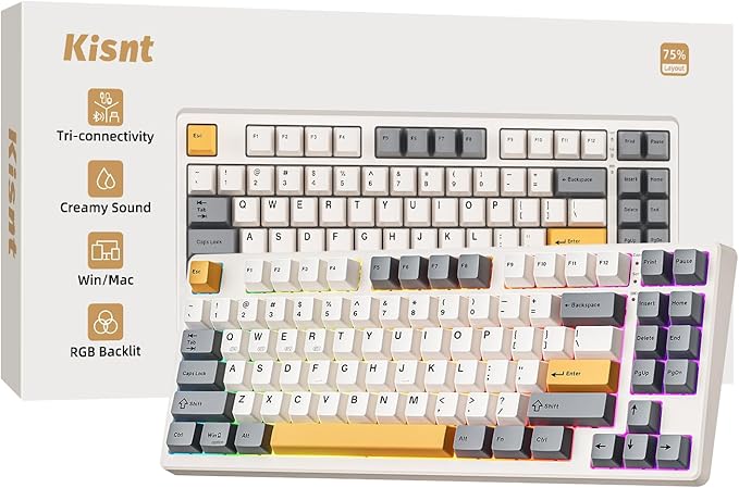 KN85 Wireless Mechanical Gaming Keyboard 75% Layout with RGB Backlit Custom Hot Swappable Creamy Sound Bluetooth/2.4GHz/USB-C Compatible with Windows/Mac/PC(Retro BeigeLinear Switch)