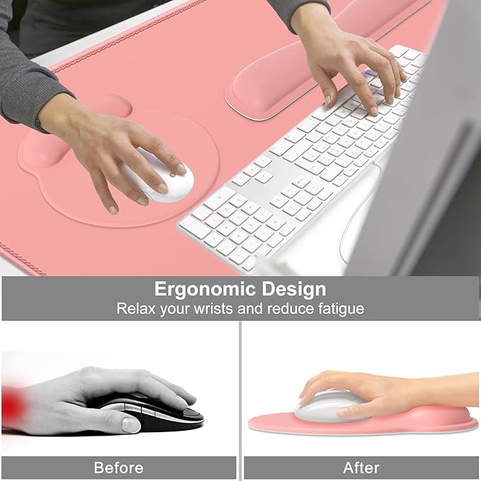 Dapesuom Large Gaming Mouse Pad Mouse Pads with Wrist Rest Wrist Support 4in1 XXL Desk Mat Desk Pad + Ergonomic Mousepad + Memory Foam Keyboard Mat Wrist Rest + Coaster Set for Computer Rose Pink