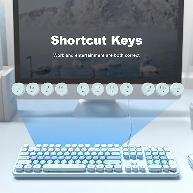 Large Print Keyboard Wired Full Size Wired Retro Round Keyboard with Foldable Stands Plug and Play for Laptop and Office PC- Blue Gradient
