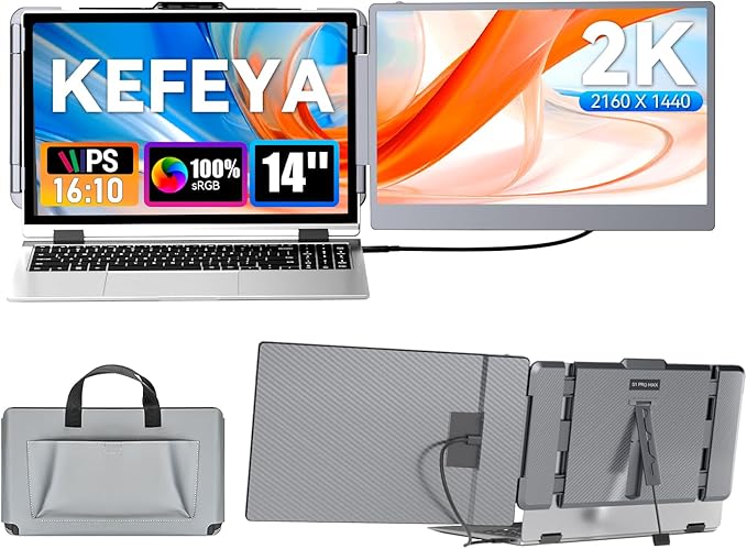 KEFEYA Laptop Screen Extender 2K 2160x1440 QHD Laptop Monitor Extender Dual Screen 14” Portable Monitor for Laptops 13-17 with USB-C/HDMI Port Plug n Play for Windows/Mac/Android/Switch/PS5