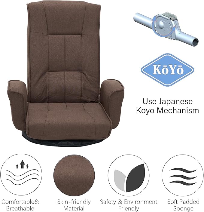 FLOGUOR 360 Swivel Gaming Chair 14-Position Adjustable Folding Floor Sofa with Armrests Lounger Bed for Home &amp Living Room Chaise Lounge Indoor for Adults QL201CO