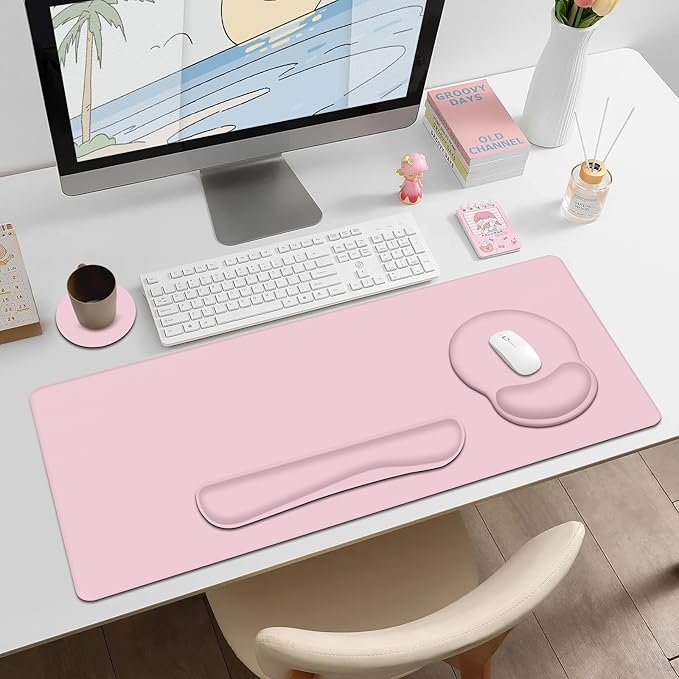 Mouse Pad Desk Pad Protector Keyboard Wrist Rest + Mouse Pad Wrist Rest +Coaster Large Gaming Pad for Computer Keyboard Laptop XXL Desk Mat Writing Pad for Office and Home Pink