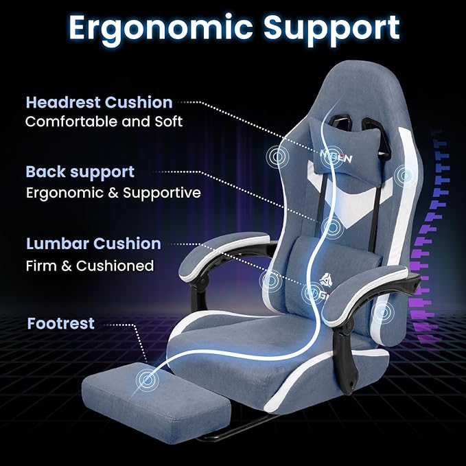 N-GEN GAMING Video Gaming Chair Office Computer Desk Use Ergonomic Reclining Backrest Adjustable Armrests Lumbar Support Footrest High Density Foam Breathable Fabric Heavy Duty Base (Blue)