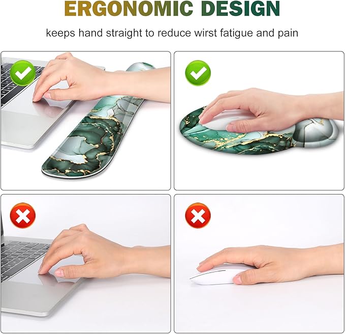 Gaming Mouse Pad Large Desk Mat Cute Desk Pad Protector 4in1 XXL Mousepad + Keyboard Wrist Rest+Mouse Wrist Rest+Coaster Set with Ergonomic Desk Pad for Home Office PC Computer Green Marble