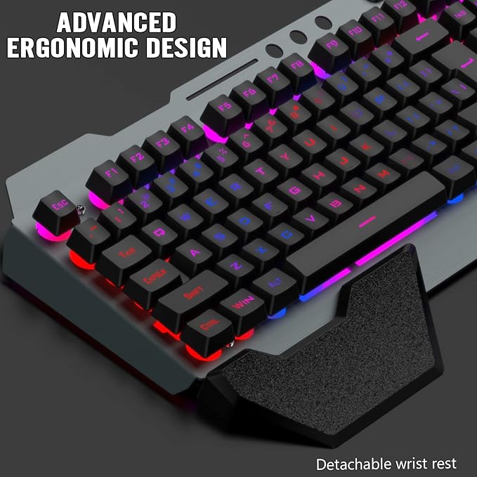 Wireless Gaming Keyboard and Mouse ComboRainbow LED Backlit Keyboard with Rechargeable 3800mAh Battery Metal PanelRemovable Wrist Rest Mechanical Feel and 7 Color Mute Gaming Mice for PC PS4 PS5