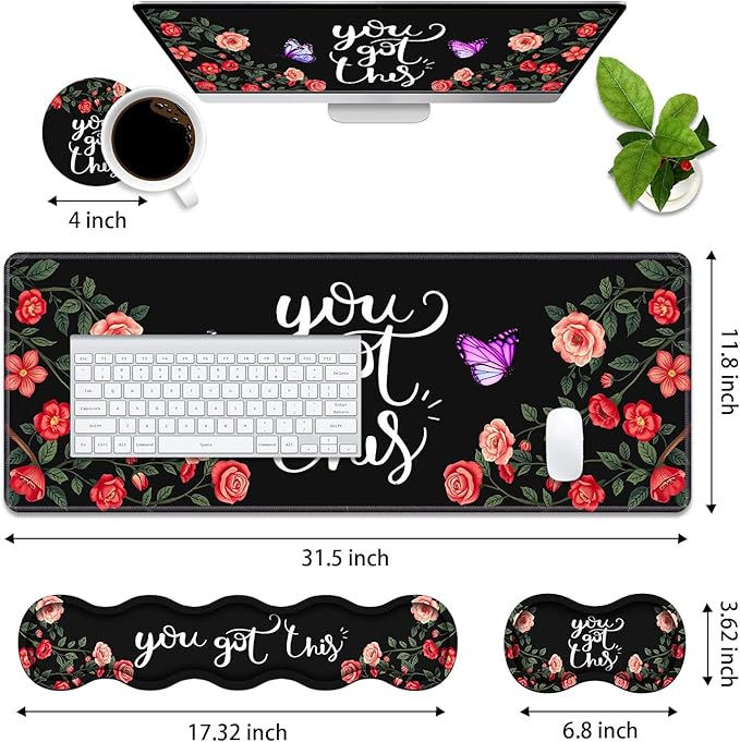 4 in 1 Ergonomic Memory Foam Mouse Pad Wrist Rest Set Large XXL Gaming Desk Pad + Keyboard Wrist Rest + Mouse Wrist Cushion + Coaster for Home Office Study Gaming You Got This Inspirational Quote