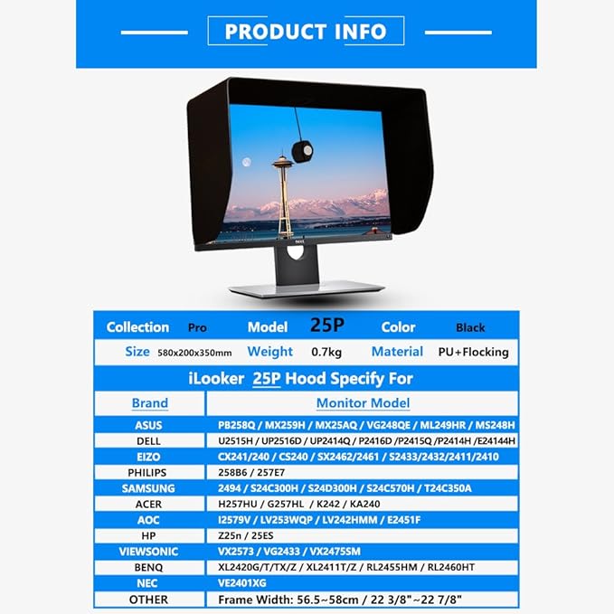 iLooker-25P 25&amp24 inch Thick Frame LCD LED Video Monitor Hood Sunshade Sunhood for Dell HP Viewsonic Philips Samsung LG EIZO NEC ASUS ACER BENQ AOC Lenovo iMac Fits Monitor Frame Width 565-580mm