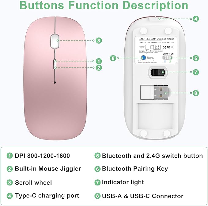 Wireless Mouse for Laptop/MacBook Air/Pro &amp iPad Mouse Jiggler Mode Bluetooth 5.2/2.4G Rechargeable Silent Click 3-Level DPI Slim Portable USB-A&ampC Receiver (Mouse Jiggler Mode Rose Gold)