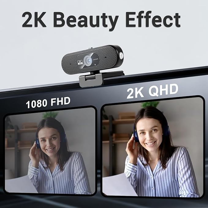 Hprosper 2K Webcam with Microphone Automatic Light Correction &amp Privacy Cover Wide Angle USB Camera for PC Laptop Mac Zoom Gaming Streaming Conference Room Video Conferencing