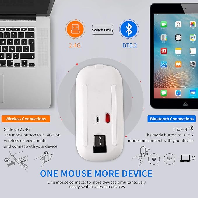 HXMJ Bling Dazzling Rechargeable 2.4GHz+5.2 Bluetooth Wireless Mouse Covered with Crystal Diamond RhinestoneRGB BacklitGreat Gift idea for Her (Silver)