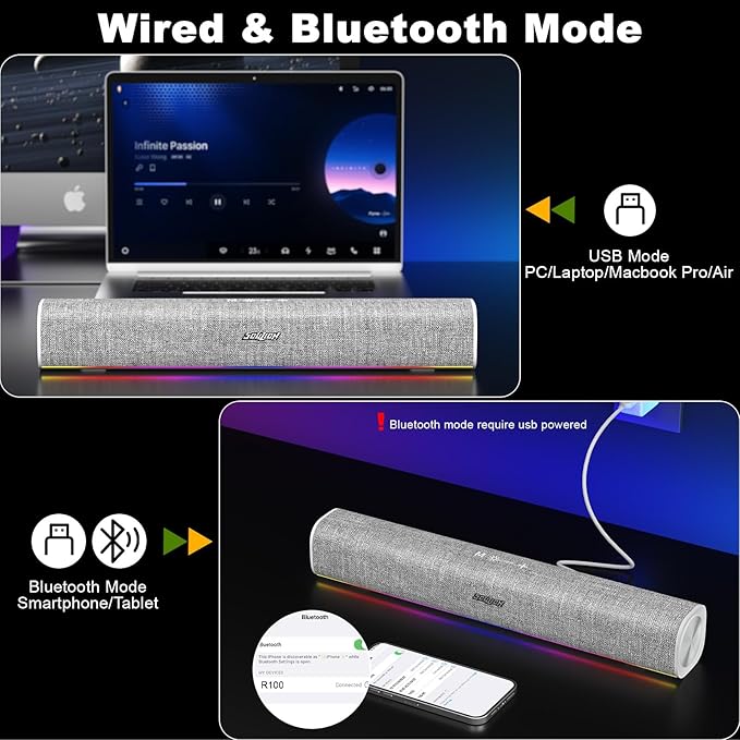 SOULION R100 Bluetooth Computer Speakers with Dynamic LED Light USB Plug &amp Play PC Speakers with Switch Button Clearly Sound Soundbar for Desktop Laptop Monitor White (USB-C to USB Adapter Inclu