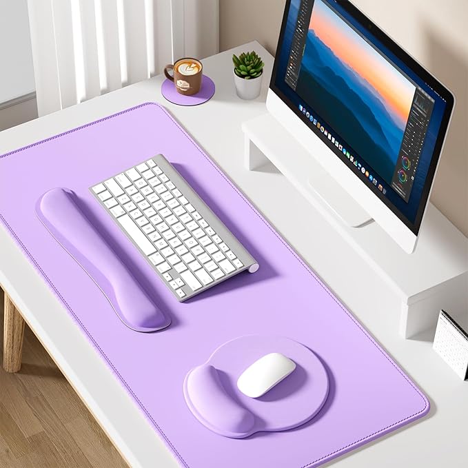 Dapesuom Large Gaming Mouse Pad Mouse Pads with Wrist Rest Wrist Support 4in1 Big XXL Desk Mat Desk Pad + Ergonomic Mousepad + Memory Foam Keyboard Mat Wrist Rest + Coaster Set for Computer Purple