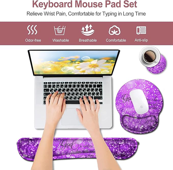 Mouse Pad with Wrist Support Ergonomic Gel Mouse Pad Memory Foam Keyboard Wrist Rest Suitable forfor Women Office Typing Games Desktop Decoration Beautiful Purple Glitter and Psalm 46:5 Bible
