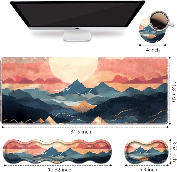 Ergonomic Keyboard Wrist Rest and Mouse Pad Wrist Rest Set Large XXL Gaming Mousepad 31.5x 11.8 Memory Foam Easy Typing Pain Relief Multifunctional Desk Mat for Office &amp Home Mountain Sunri