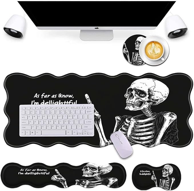 Bxgolkgd Desk Mat SetMouse Pad with Keyboard Wrist Rest &amp Mouse Wrist RestWave-Shaped DesignNon-Slip Rubber BaseErgonomic Desk Mat for HomeOfficeGamingSkull Skeleton Black Background