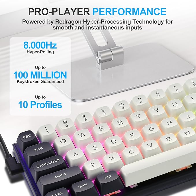 Redragon K701 Rapid Trigger Mechanical Gaming Keyboard 60% Wired with Adjustable Actuation Magnetic Switch 8k Hz Polling Rate RGB Backlit 68 Keys Mini for PC Gamer White/Blue-black