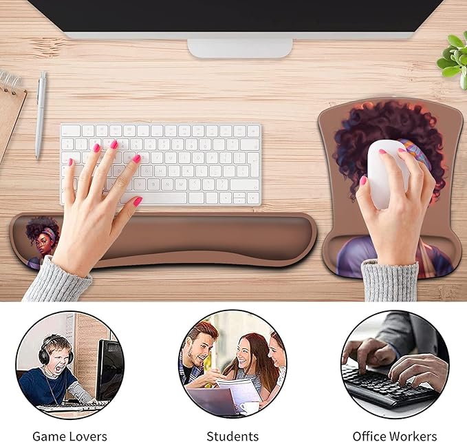 Ergonomic Mouse Pad Wrist Support Gel and Keyboard Wrist Rest Set American Women African Black Design for Laptop Mac Gaming and Office Durable Comfortable and Pain Relief + Coaster