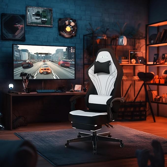Gaming Chair Fabric Ergonomic Computer Chair with Footrest Video Gamer Chair with Pocket Spring CushionLinkage Armrests and Headrest Lumbar SupportSwivel Height Adjustable Office Chair for Adults