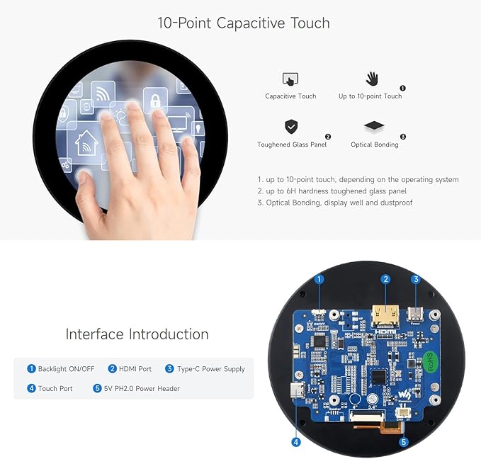 waveshare 3.4inch HDMI Round Touch Display 800×800 Resolution IPS 10-Point Touch Compatible with Raspberry Pi 5/4B/3B/Zero/Zero W/Zero 2W/Pico/Pico W/Pico WH Support Jetson Nano and Mini PC