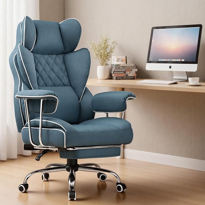 COMHOMA Big and Tall Gaming Chair with Pocket Spring Lumbar Support Ergonomic Office Chair with Footrest Executive Desk Chair with Outward Fixed Soft Armrests Computer Chair with High Back Blue