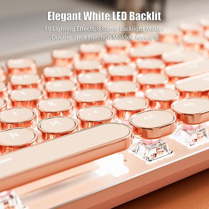 Typewriter Style Mechanical Gaming Keyboard White LED Backlit 104-Key NKRO Pink Switches Retro Round Keycaps Golden Ring Volume Knob Metal Panel Wired USB-C Detachable Cable Rose Gold