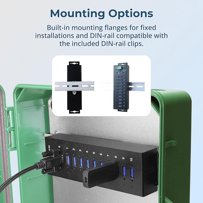Coolgear Industrial 10 Port USB Hub with Advanced Port Management for Remote Control &amp Versatility 5 Gbps Speed ESD Protection Per Port Secure Screw Lock Surface &amp DIN Mounting