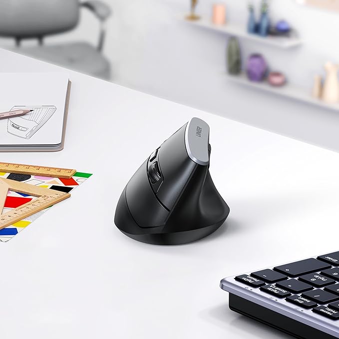 Uineer Vertical Mouse 2.4GHz Ergonomic Wireless Mouse 800/1200/1600/2400 Adjustable Dpi 6 Buttons Battery Powered Mouse for Laptop PC Mac Comfort and Reduced Wrist Strain (Black)