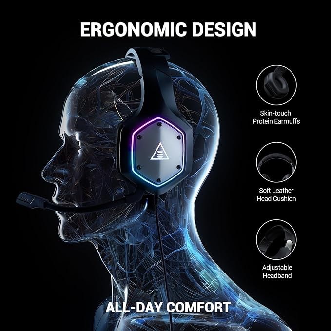 EKSA E1000 V2 Gaming Headset PC Headset with USB C Plug Wired Headphones with Noise Canceling Microphone 7.1 Surround Sound RGB Light include USB Adapter for ComputerMac PS4/PS5 Console Laptop
