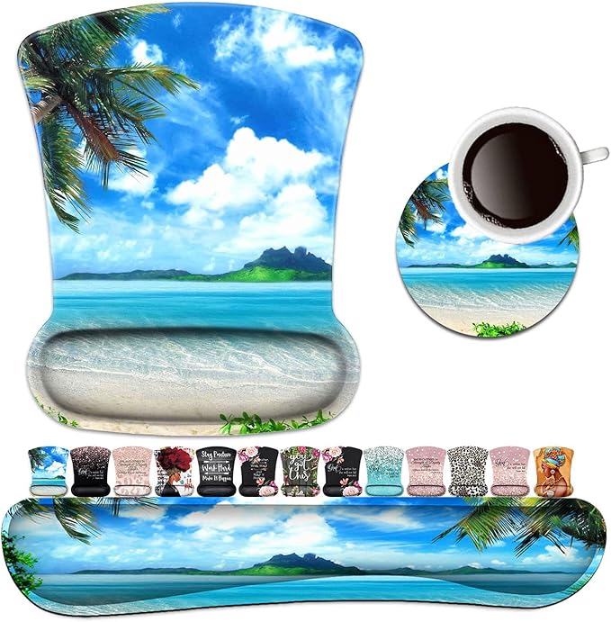 Keyboard Wrist Rest Pad and Ergonomic Mouse Pad Wrist Support Set Ocean Waves Coconut Trees on Sands Beach Seascape Scenery for Gaming Office Comfortable and Pain Relief with Coaster Set