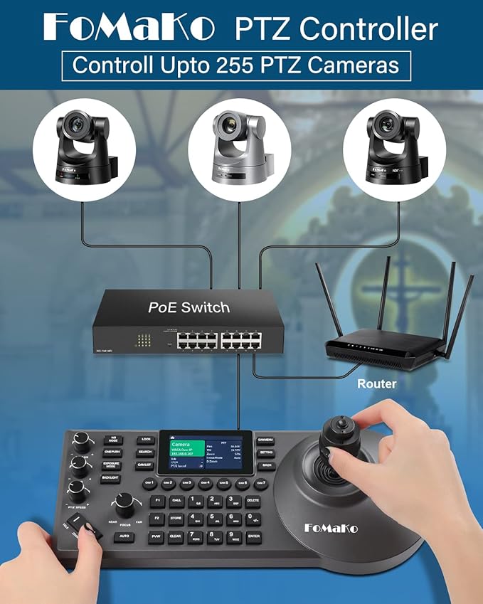 FoMaKo NDI PTZ Camera Bundle AI Auto-Tracking Gen 3 (NDI 6 &amp NDI HX3 Certified) 20X Optical Zoom PoE HDMI PTZ Camera for Church Worship NDI PTZ Controller (NDI PTZ Bundle KN20A +KC608) BN201