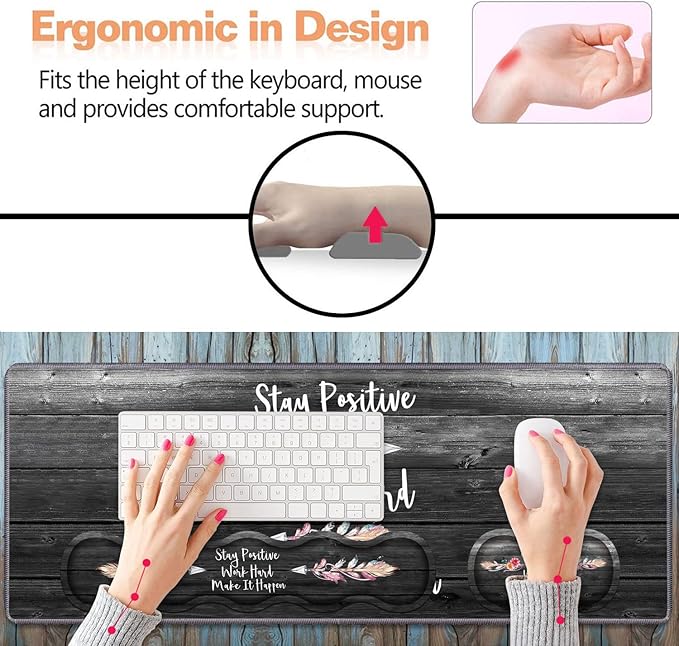 Ergonomic Keyboard Wrist Rest &amp Mouse Pad Wrist Rest Set Stay Positive Work Hard and Make It Happen Pattern Inspirational Quote Large XXL Gaming Desk Mat Memory Foam Easy Typing Pain Relief