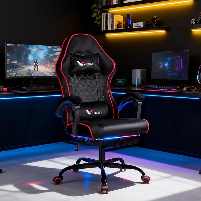 Velvet Gaming Chair for Adults with Pocket Spring Cushion SeatSoft Gaming Chair Fabric with Extendable Footrest Swivel Recliner with Ergonomic Lumbar Support and Headrest for Home/Office(red)