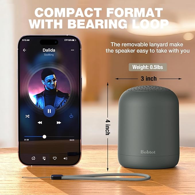 Bobtot Portable Bluetooth Speakers Wireless Waterproof Speaker with 24H Playtime Loud Stereo Sound TWS Built-in Microphone Small Size with Carry Lanyard Gray