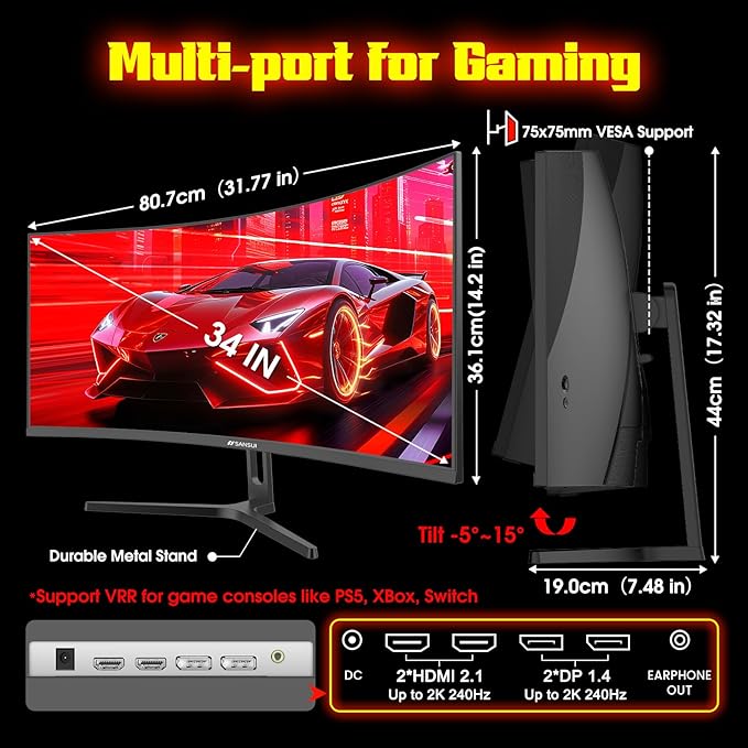 SANSUI 34 Inch 240Hz Ultrawide Curved Gaming Monitor UWQHD 3440×1440 21:9 2K Curved Monitor 1500RHDR400Fast VA PIP/PBPAI CrosshairAIPQ(Visual Enhance)MPRT 1msHDMI2.1*2DP1.4*2(DP Cable Incl.)