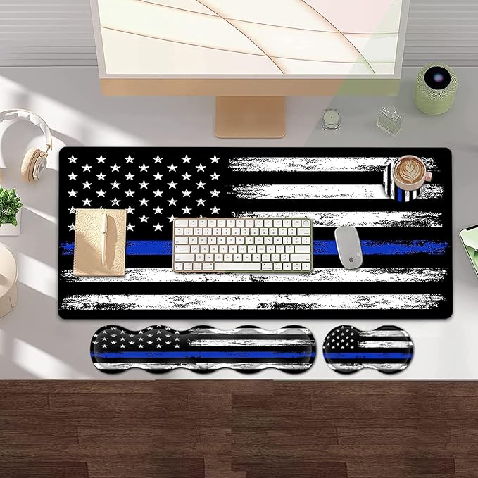 Large Gaming Mouse Pad with Stitched Edges Extended XXL Mousepad Office Desk Pad Writing Pad 31.5 x 11.8 inErgonomic Memory Foam Keyboard Wrist Rest SupportRetro Blue Line American Flag Desk Mat