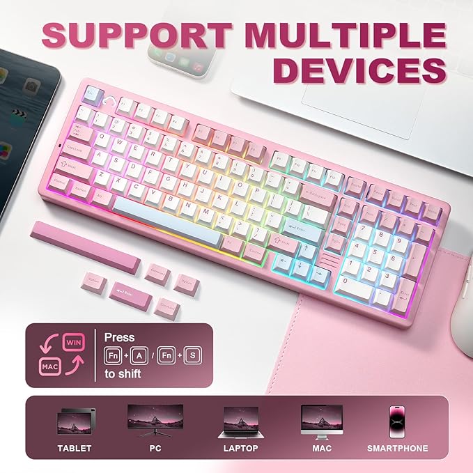 YUNZII AL98 QMK/VIA Wireless Mechanical Gaming KeyboardFull AluminumBT/2.4G/USB-C Pre-Lubed Hot Swappable Gasket Mount 1800 LayoutRGB Backlit for Win/Mac (Pink Cocoa Cream V2 Switch)